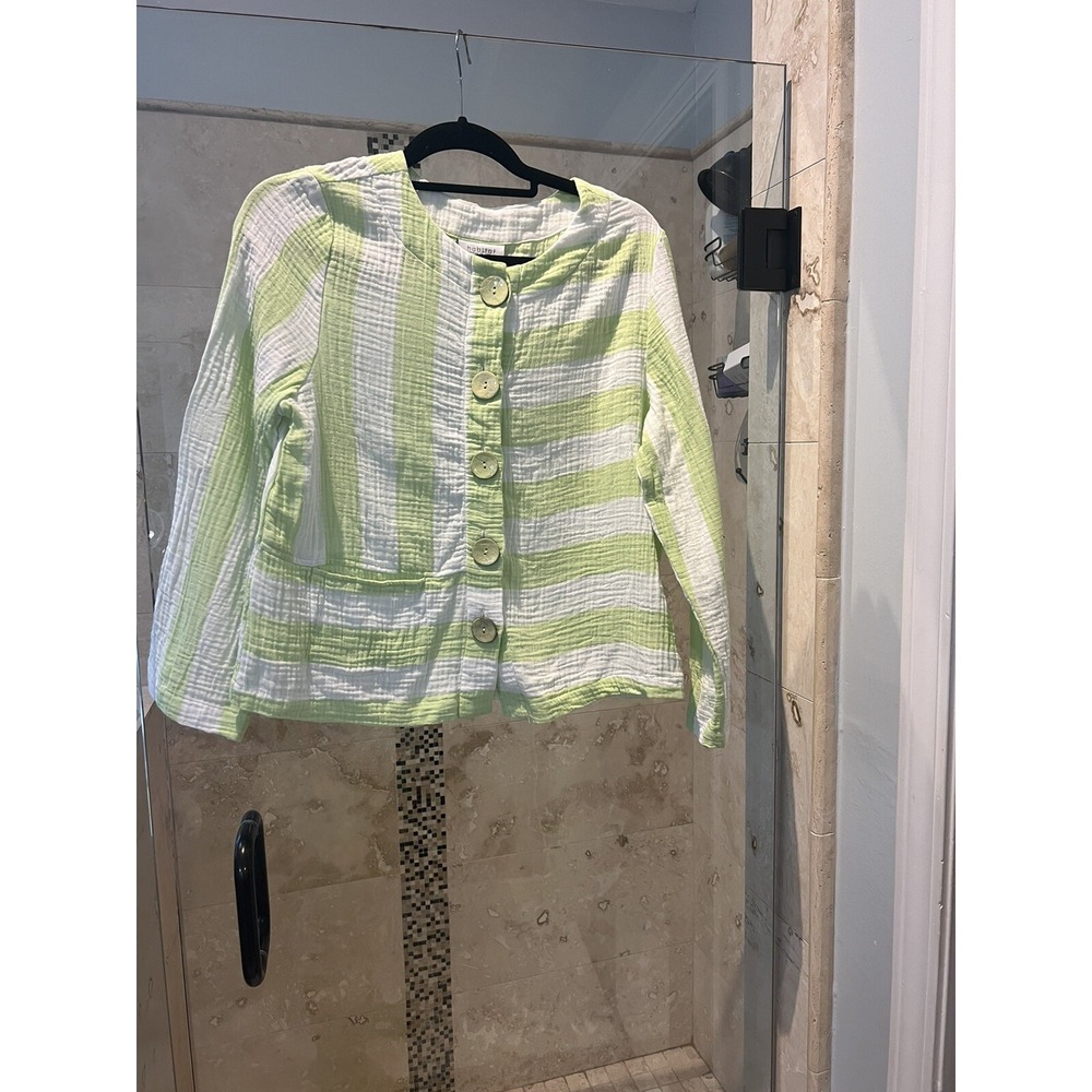 HABITAT Size Small Green White Striped Crinkle Button Front Gauzy Lagenlook Top